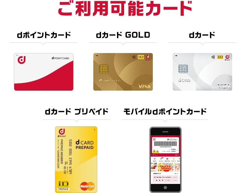ご利用可能カード dポイントカード／dカード GOLD／dカード／dカード プリペイド／モバイルdポイントカード