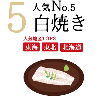 人気No.5「白焼き」。人気地区TOP3は東海、東北、北海道で人気
